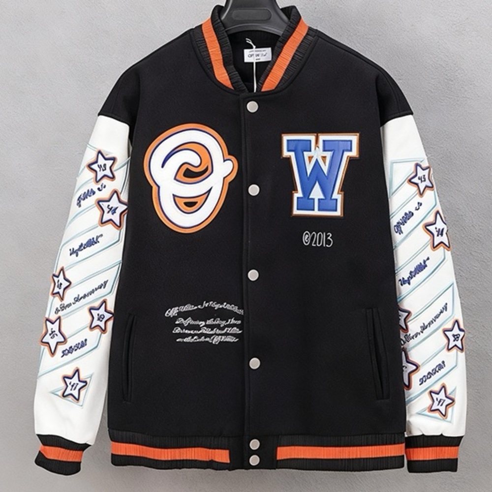 Off-White Patchwork Embroidered Logo Baseball Jac… - image 1